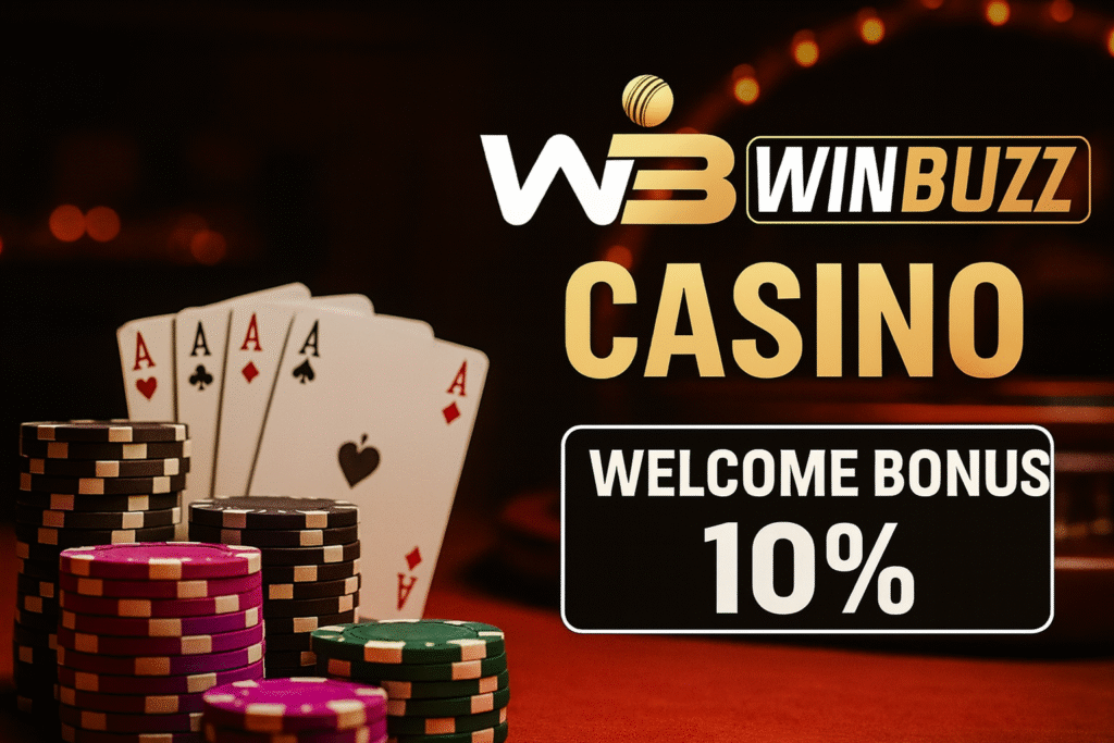 WinBuzz casino banner with logo, cards and chips on a dark background