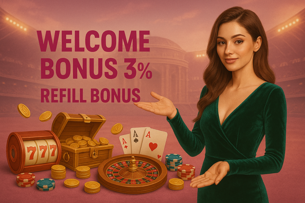 Casino promo with a woman in green, text “WELCOME BONUS 3% REFILL BONUS,” and coins, slot machine 777, chest, roulette, cards, and chips.