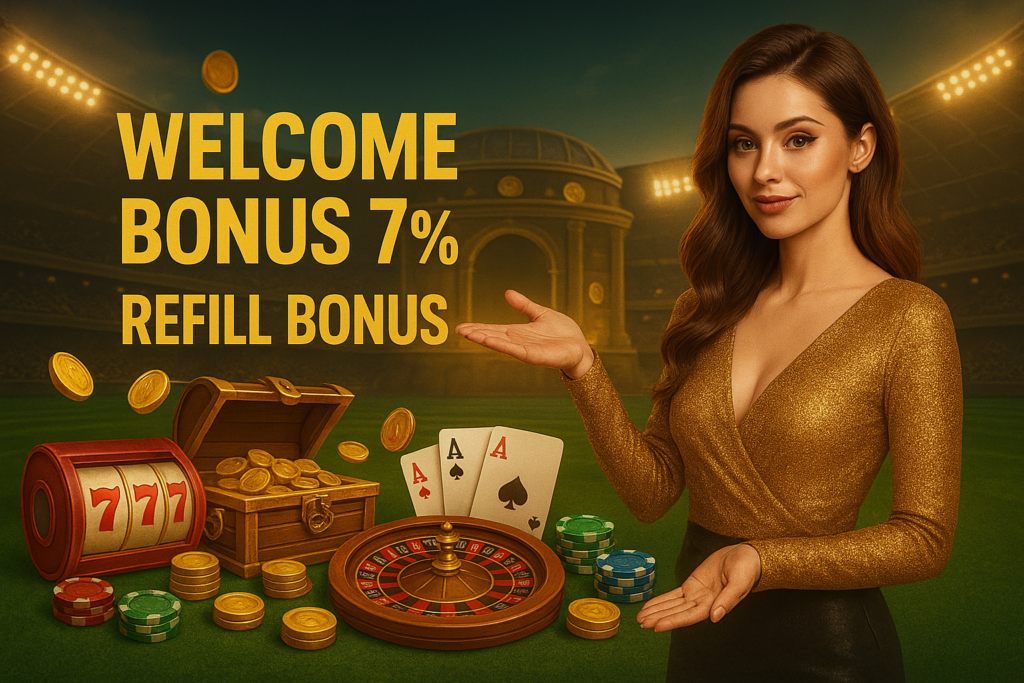 Casino promo with a woman in gold, “WELCOME BONUS 7% REFILL BONUS,” plus coins, slots, roulette, cards, and chips.