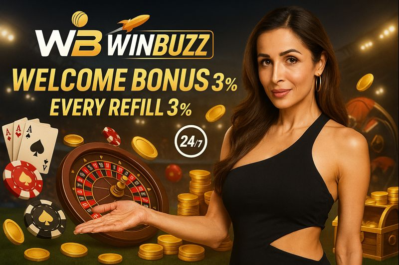 W3 WINBUZZ casino promo with a woman in a black one-shoulder dress beside “WELCOME BONUS 3%” and “EVERY REFILL 3%,” plus 24/7 icon, roulette wheel, coins, chips, and playing cards.