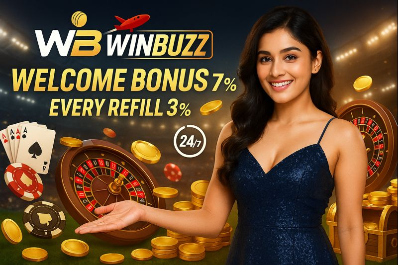 W3 WINBUZZ stadium casino promo with a smiling woman in a navy dress beside “WELCOME BONUS 7%” and “EVERY REFILL 3%,” plus 24/7 badge, roulette wheels, coins, chips, and playing cards.