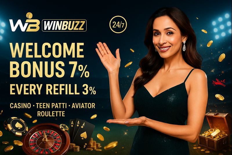 W3 WINBUZZ stadium casino promo with a woman in a dark green dress waving, text “WELCOME BONUS 7%” and “EVERY REFILL 3%,” plus 24/7 badge, coins, roulette wheel, chips, playing cards, Aviator icon, and a treasure chest.