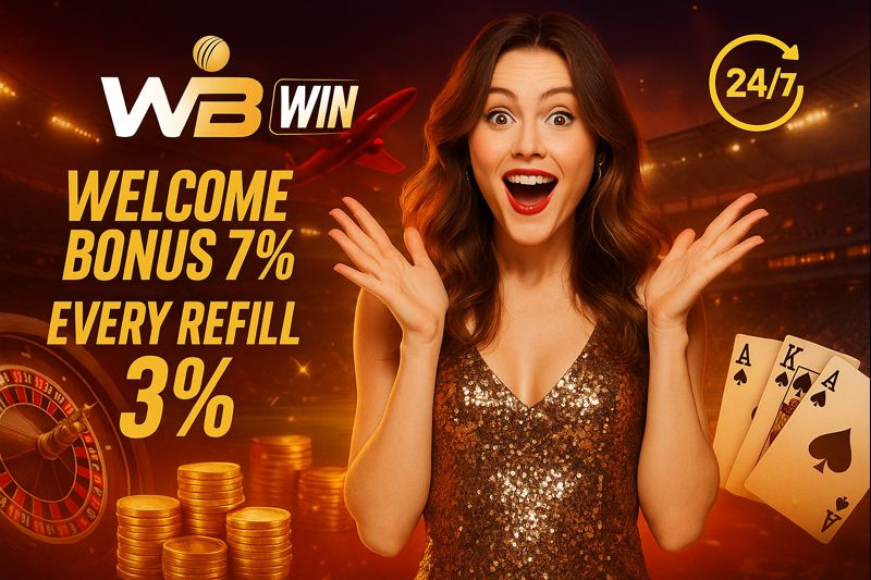 Excited Woman In Gold Dress On WB Win Bonus Banner