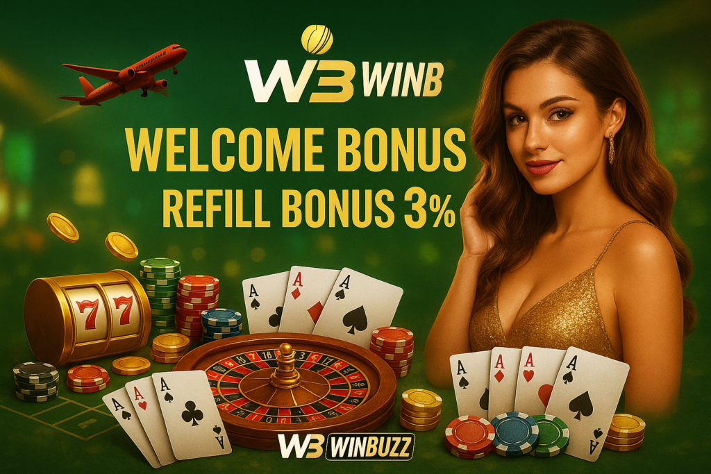 Green casino promo showing a woman in a gold dress, roulette wheel, chips, playing cards, slot “777,” and text “WB WINB Welcome Bonus” and “Refill Bonus 3%.”