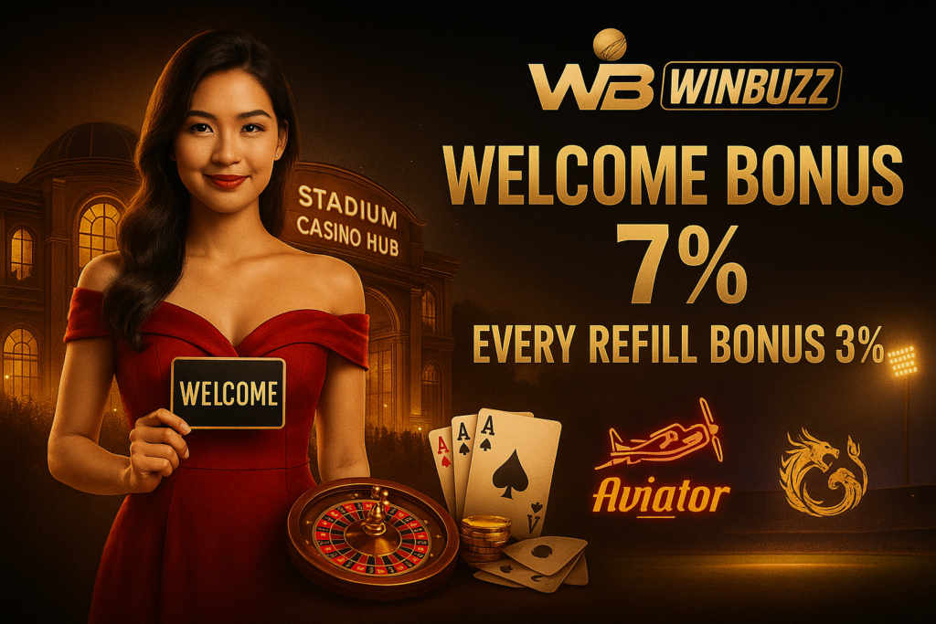 Casino promo with woman in red dress, roulette and cards, showing “WB WINBUZZ Welcome Bonus 7%” and “Every Refill Bonus 3%.”