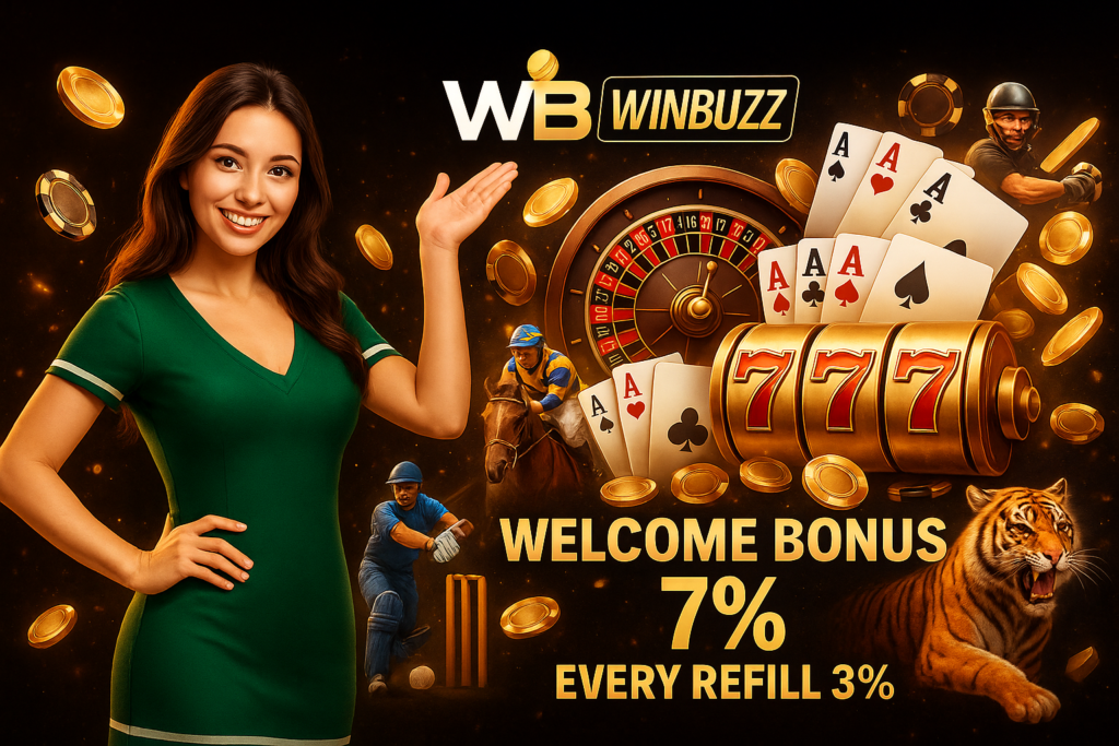 WB Winbuzz ad with woman in green dress, roulette, “777” slot, cards, coins, cricket/horse scenes, tiger, and text “Welcome Bonus 7% / Every Refill 3%.”