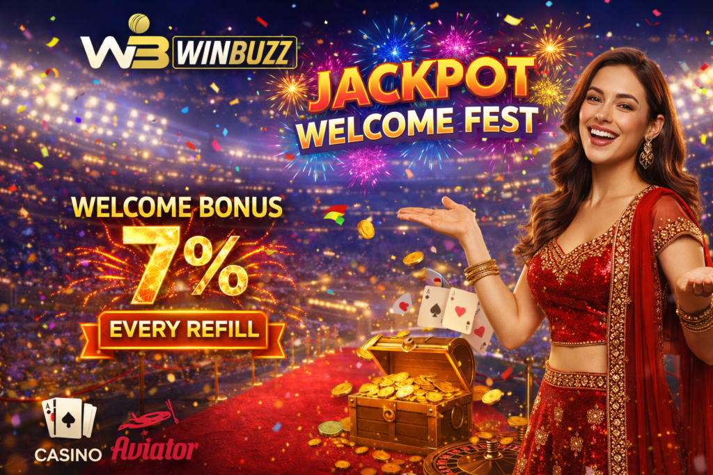 WB Winbuzz “Jackpot Welcome Fest” banner with fireworks and confetti, showing a woman in a red traditional outfit, “Welcome Bonus 7%,” a treasure chest of coins, and playing cards on a red-carpet stadium backdrop.
