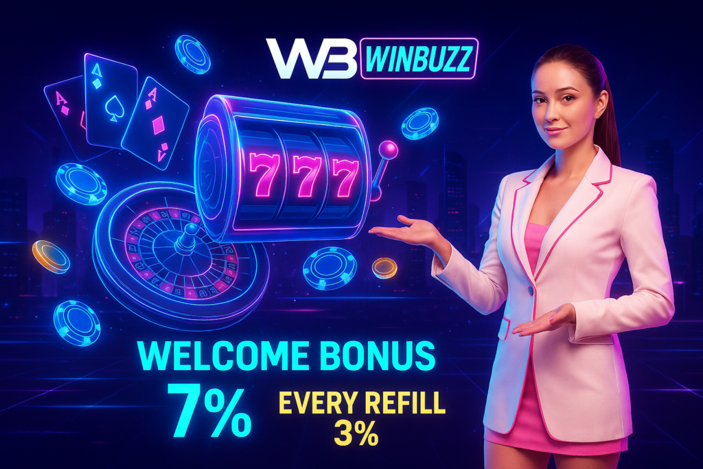 Neon WB Winbuzz ad with a woman in pink suit, glowing slot “777,” roulette, cards, coins, and text “Welcome Bonus 7% / Every Refill 3%.”