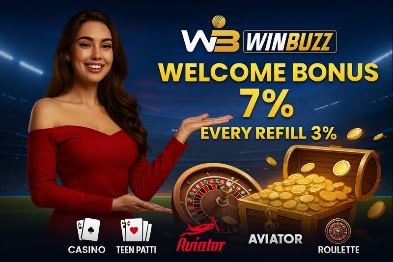 WB Winbuzz stadium-themed banner with a woman in a red off-shoulder dress presenting “Welcome Bonus 7%” and “Every Refill 3%,” plus a treasure chest of coins, roulette wheel, and icons for Casino, Teen Patti, Aviator, and Roulette.