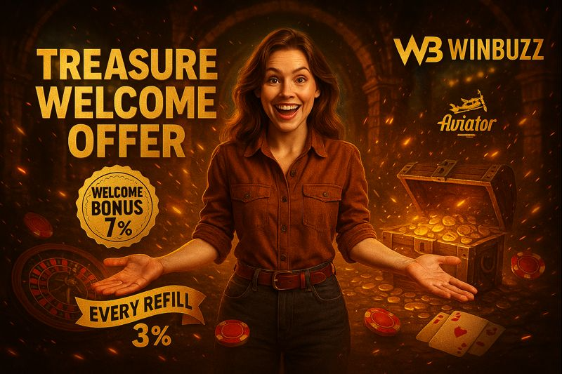 WB Winbuzz “Treasure Welcome Offer” banner with an enthusiastic woman in a rust-colored shirt, a “Welcome Bonus 7%” badge, “Every Refill 3%” ribbon, an Aviator logo, and a treasure chest overflowing with coins beside roulette and playing cards.