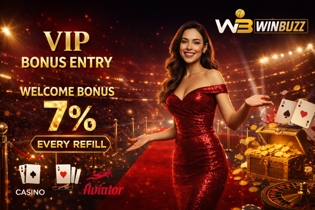 WB Winbuzz VIP-themed poster with a woman in a red sequin gown on a red carpet, text “VIP Bonus Entry” and “Welcome Bonus 7%,” plus casino cards, coins, a treasure chest, and roulette elements.