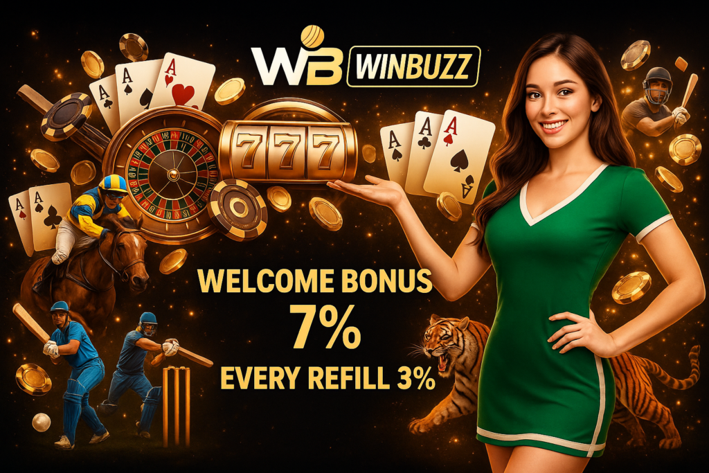 WB Winbuzz promo with woman in green dress, roulette and “777” slot, cards, coins, cricket and horse racing, tiger, and text “Welcome Bonus 7% / Every Refill 3%.”