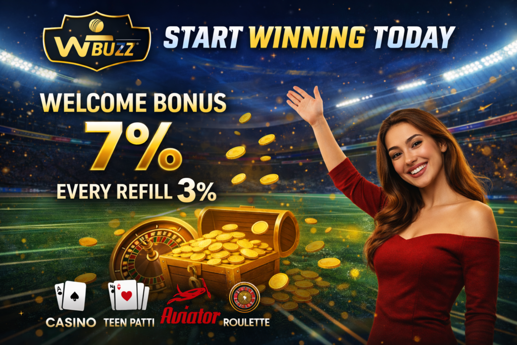 WBuzz stadium-themed promo banner with a woman waving, showing 7% welcome bonus and 3% refill, plus coins, roulette, and a treasure chest.