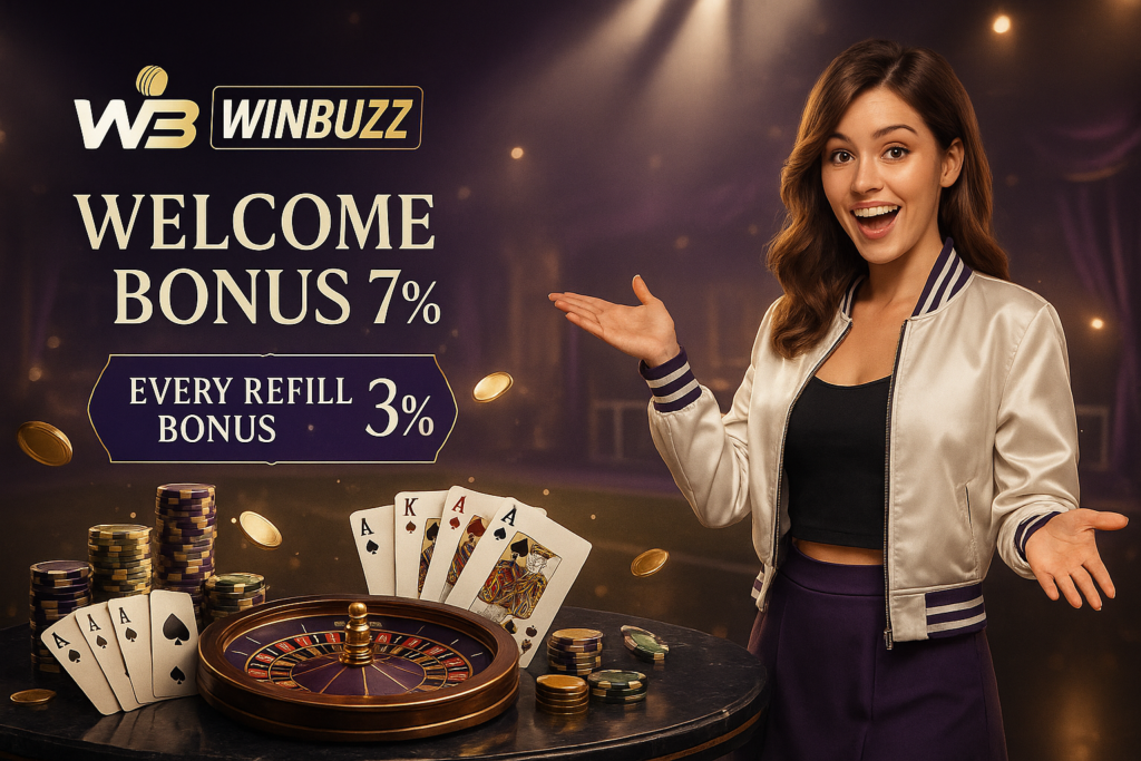 WinBuzz casino promo showing a smiling woman in a silver jacket by a roulette table, stacked chips, playing cards, and floating gold coins with bonus text.