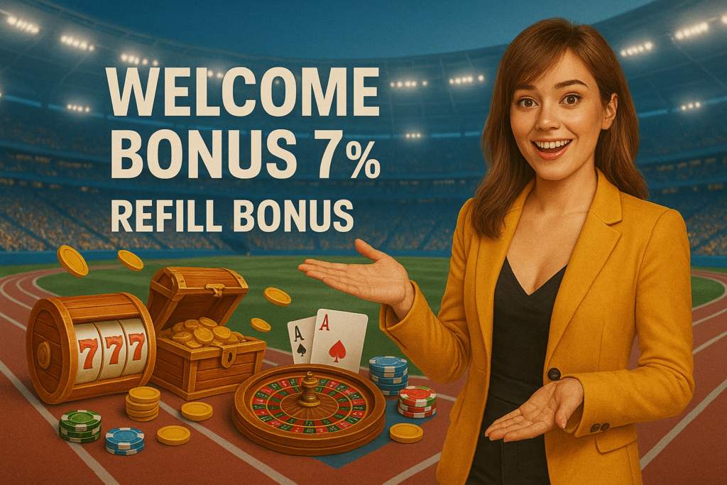 Stadium-themed casino ad with a smiling woman in a yellow blazer, “WELCOME BONUS 7% REFILL BONUS,” plus coins, 777 slot, treasure chest, roulette, cards, and chips.