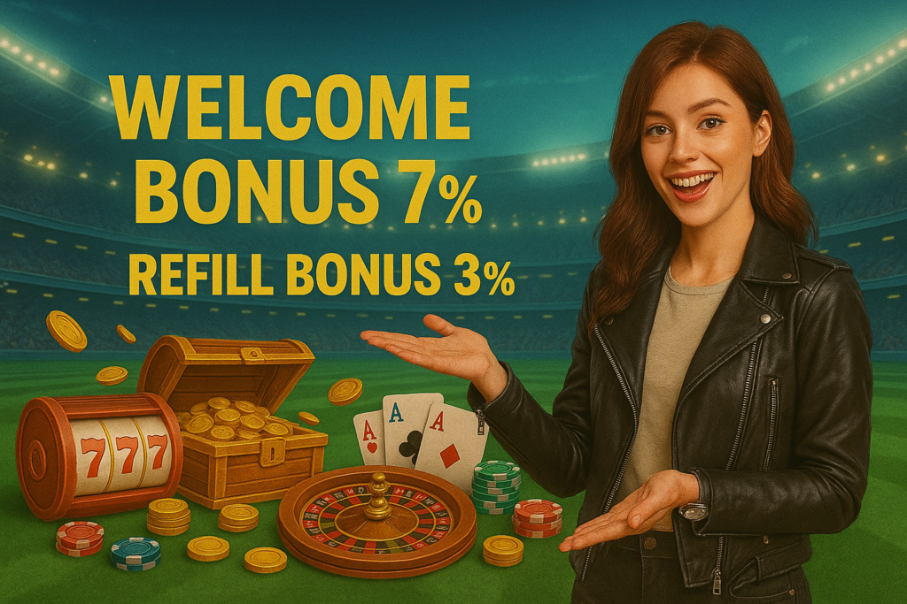 Stadium casino promo with a smiling woman in a black jacket, text “WELCOME BONUS 7%” and “REFILL BONUS 3%,” plus coins, 777 slot, treasure chest, roulette wheel, cards, and chips.
