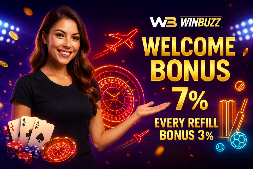 Smiling promo girl in black sports dress presenting WinBuzz welcome offer with neon aviator plane, roulette glow, cricket stumps, cards, chips, and coins.