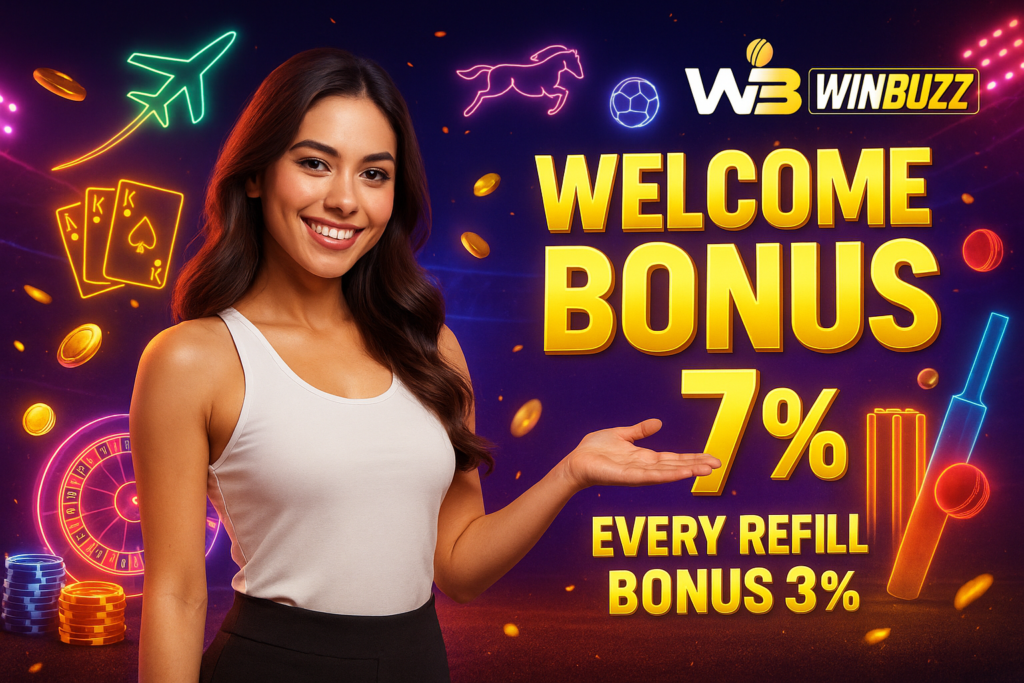 WinBuzz welcome bonus poster with a smiling promo girl, neon aviator plane, horse icon, roulette glow, cricket gear, and gold coins.