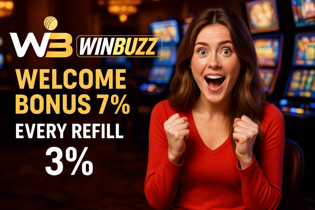WinBuzz promo banner with happy woman in red, casino background, and bonus offer text.