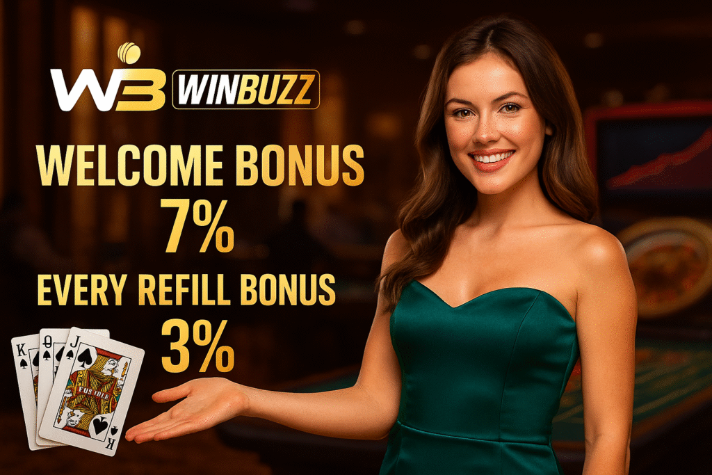 WinBuzz promo banner with a smiling woman in a green dress, playing cards, and bold text showing 7% welcome bonus and 3% refill bonus.
