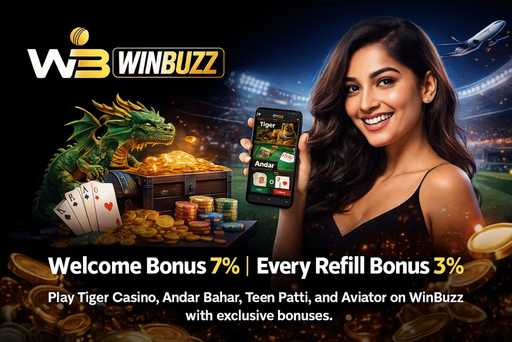 WinBuzz promo girl phone me Tiger Casino Andar Bahar app dikhati hui, stadium background, dragon, coins, cards aur bonus offer ke saath.