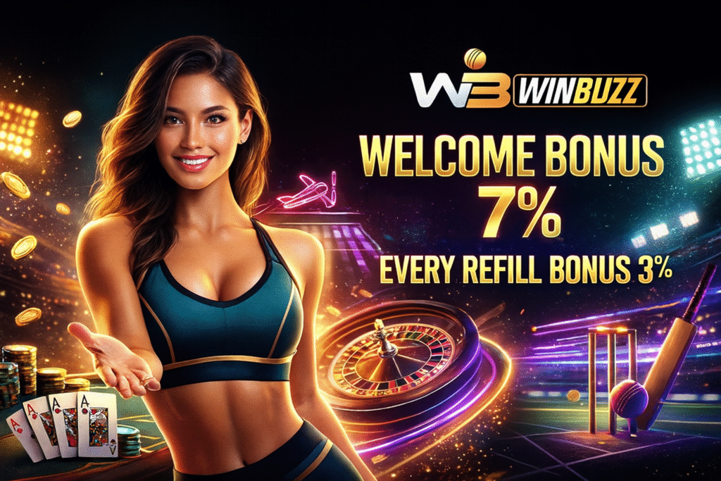 WinBuzz promo banner featuring a smiling woman in sporty attire, casino cards and chips, roulette wheel, cricket bat/ball, and bright bonus text.
