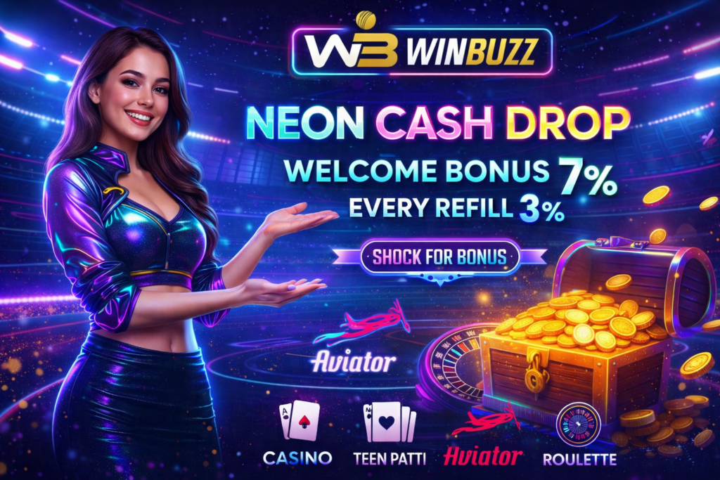 WinBuzz neon-themed promo poster with a woman in a shiny purple outfit, “NEON CASH DROP,” and a coin-filled treasure chest showing 7% welcome bonus and 3% every refill.