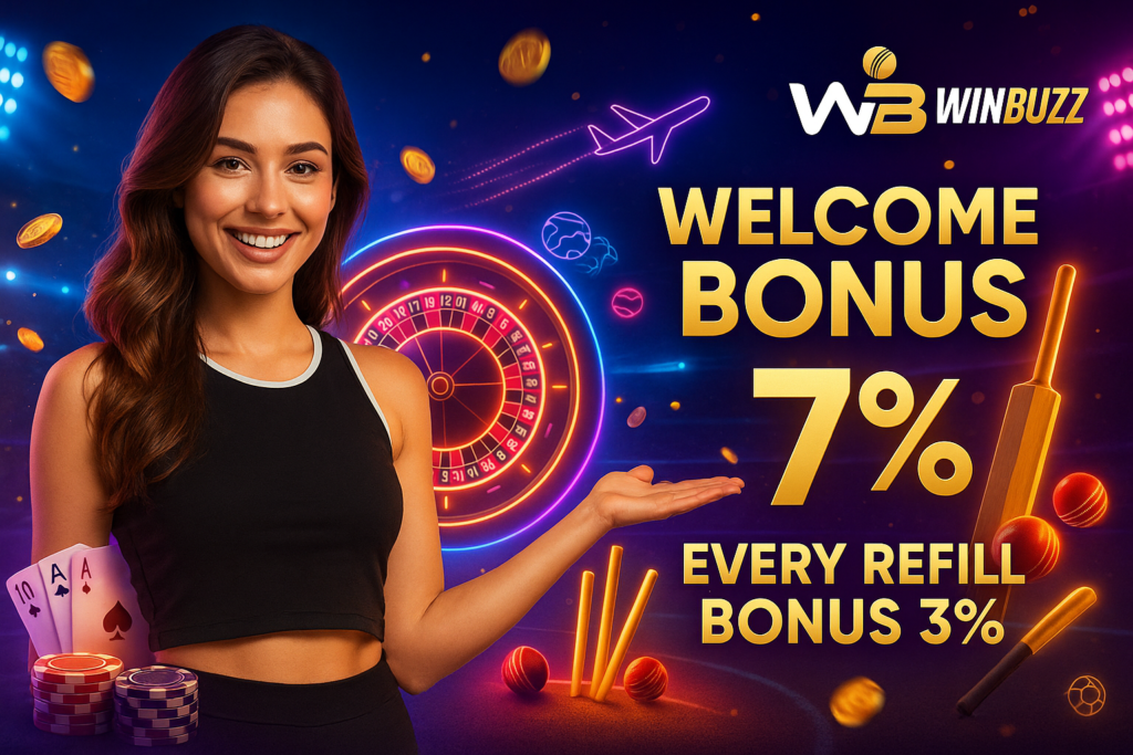 Smiling promo girl in black sports dress presenting WinBuzz casino-sports welcome offer with neon roulette, cricket, cards, and coins.
