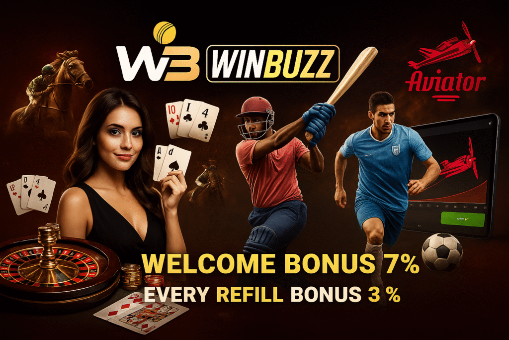 WinBuzz promo banner with casino, Teen Patti cards, Aviator plane, roulette table, and cricket/football players.