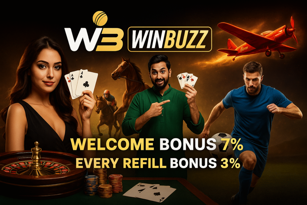 WinBuzz promo banner showing casino, Teen Patti cards, Aviator plane, roulette table, and sports players with bonus offers.