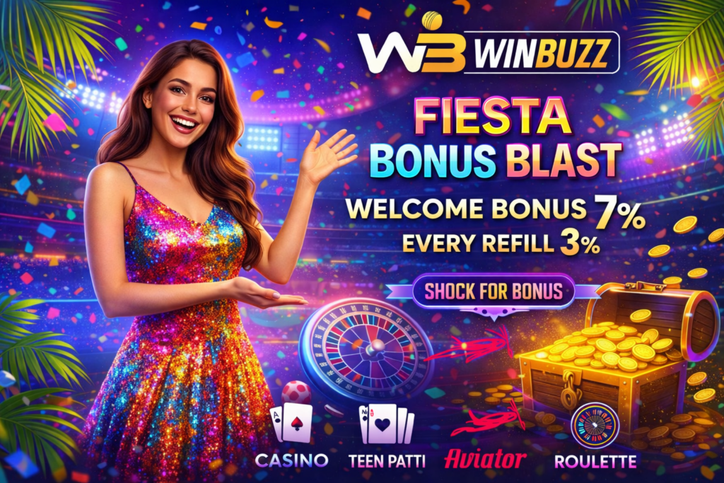 WinBuzz “Velvet Bonus Night” promo poster with a woman in a red velvet dress, 7% welcome bonus, 3% refill bonus, and a treasure chest of coins beside a roulette wheel.