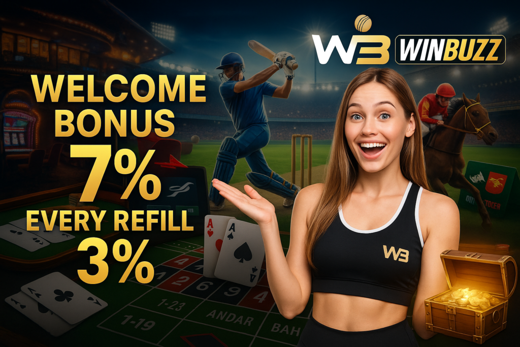 WinBuzz promo image with a smiling sportswear girl in front of a cricket stadium and casino mix, featuring roulette, cards, horse racing, coins, and bold text “Welcome Bonus 7%” and “Every Refill Bonus 3%”.