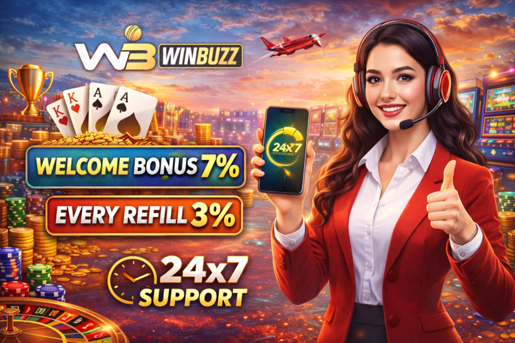Friendly customer support representative promoting Winbuzz with a smartphone showing 24x7 support, casino games, bonus offers, and gold coins at sunset.