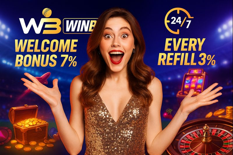 Thrilled woman in gold dress on Winbuzz 7% bonus stadium banner