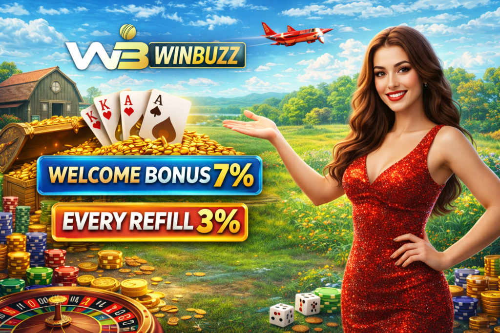 Smiling casino hostess in a red dress presenting Winbuzz bonuses in a scenic countryside setting with playing cards, gold coins, roulette wheel, and dice.