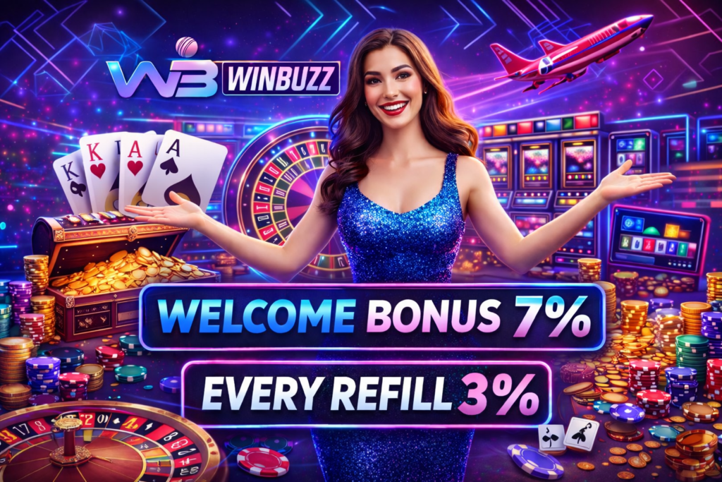 Bright neon casino scene featuring a smiling host promoting Winbuzz with slot machines, roulette, playing cards, gold coins, and bonus offers.