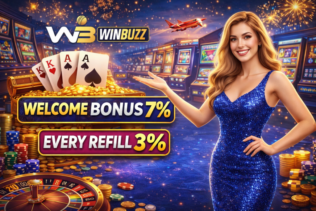 Smiling casino hostess in a blue dress presenting Winbuzz bonuses with slot machines, roulette wheel, poker cards, fireworks, and gold coins.