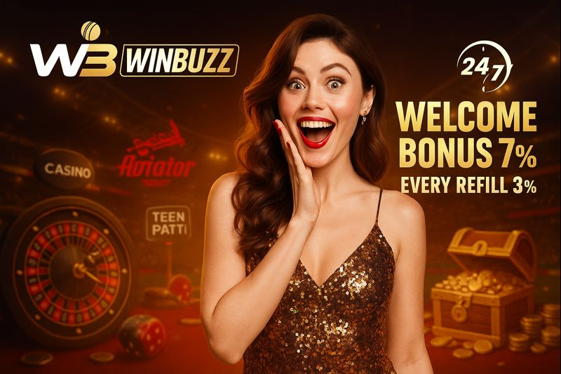 Amazed woman in sequin dress promoting Winbuzz welcome bonus