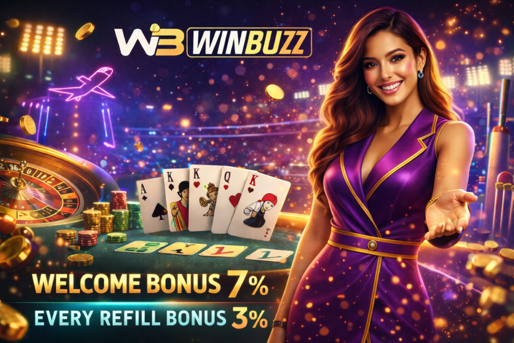 A glamorous woman extending a welcome beside a poker table with cards, chips, roulette lights, and floating coins.