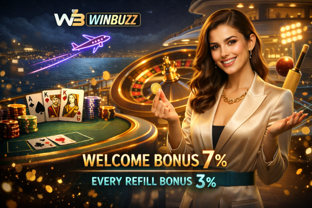 A confident woman holding a gold coin beside a casino table with cards, chips, and a glowing roulette wheel at night.