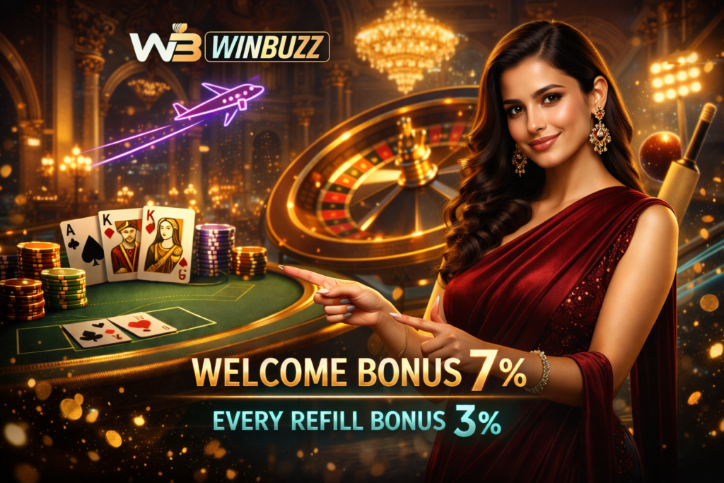 A stylish woman pointing toward a poker table with cards, chips, and a glowing roulette wheel in a luxury casino hall.
