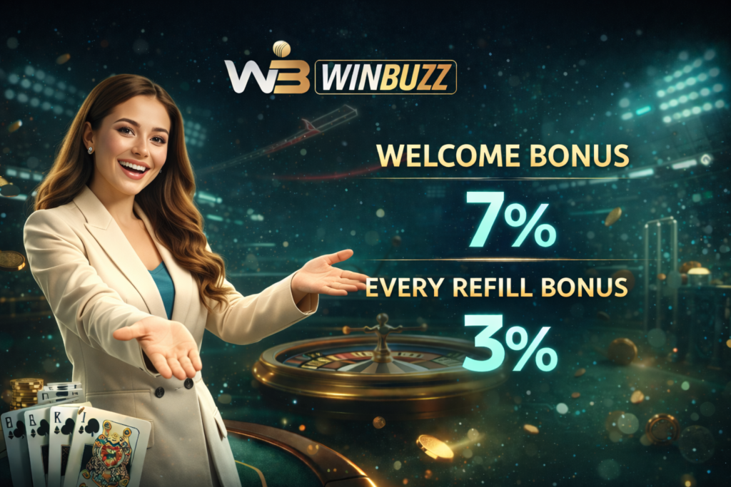 A friendly woman presenting online gaming offers with bonus percentages, playing cards, and a roulette table in the background.