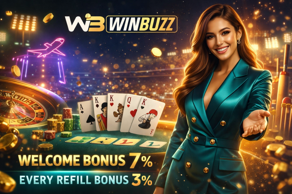 A well-dressed woman inviting players to a card table with poker hands, chips, roulette lighting, and glowing casino effects.