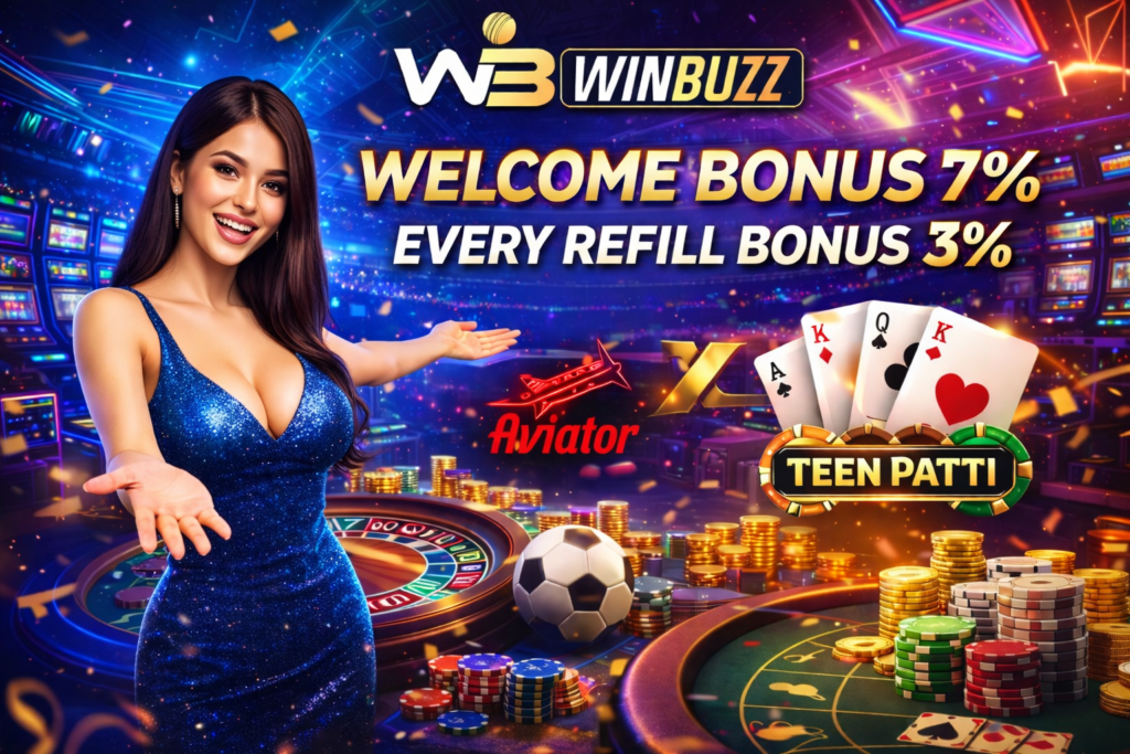 Bright casino promotional banner with bonus percentages, roulette tables, chips, cards, and an inviting presenter.
