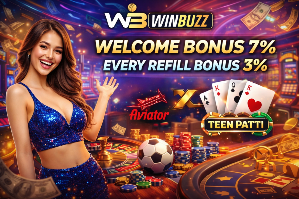 Colorful online casino banner with bonus percentages, poker cards, chips, and a waving host.