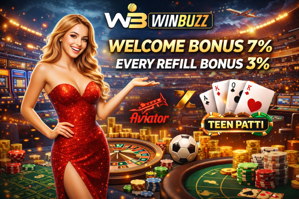 Glamorous casino promotion showing bonus offers, roulette tables, playing cards, chips, and a smiling host.