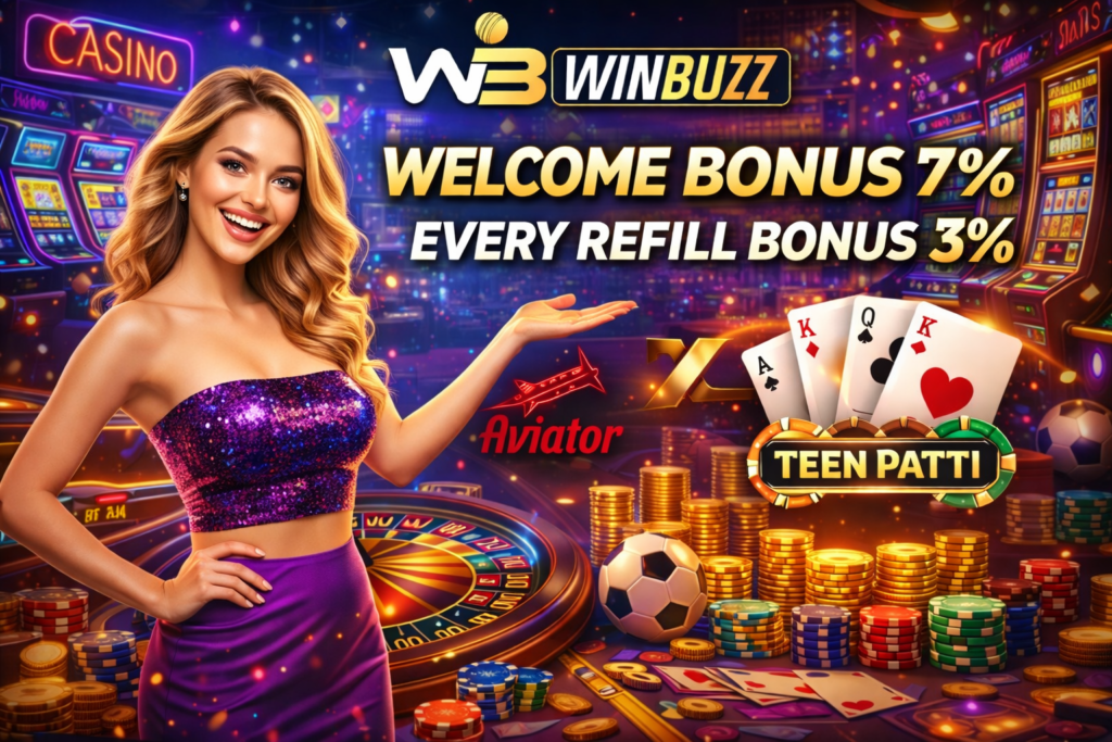 Neon-lit casino promotion featuring bonus text, slot machines, playing cards, chips, and a presenting host.