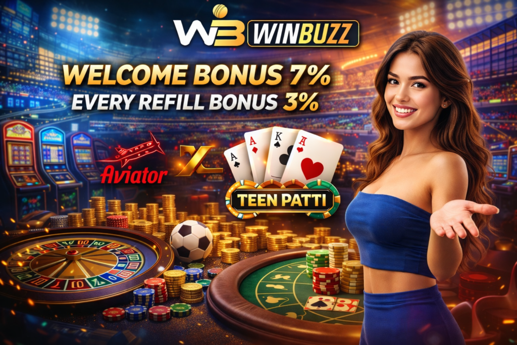 Casino bonus advertisement featuring slot machines, roulette, playing cards, chips, and a welcoming presenter.