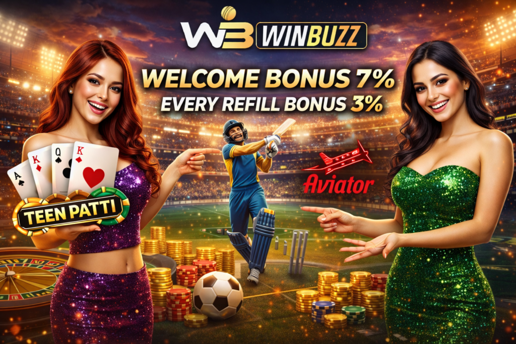 Casino and sports betting promotional graphic featuring bonus offers, playing cards, coins, and two presenters pointing toward a cricket player.