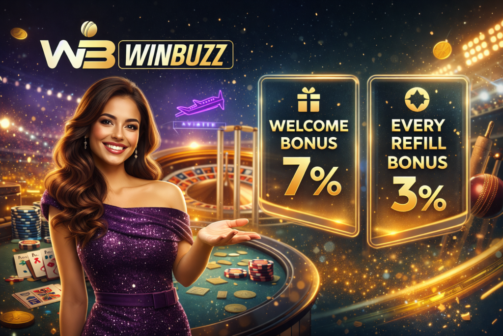 WinBuzz casino promotional banner showing a smiling woman with welcome and refill bonus offers.